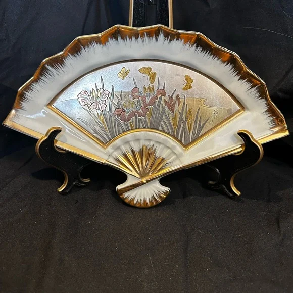 Art of Chokin Antique Japanese Porcelain Fan Plate. Gold plated  Floral design. - Picture 2 of 3